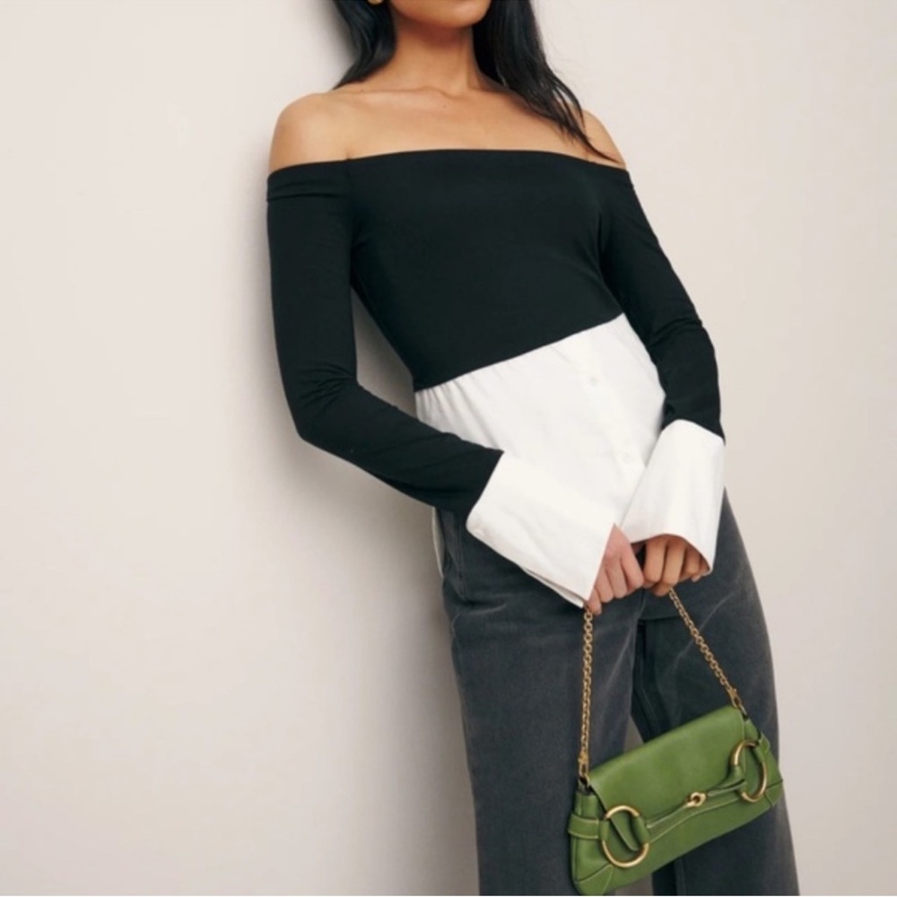 Reformation Nixie Knit Top Black and White Off-Shoulder Top